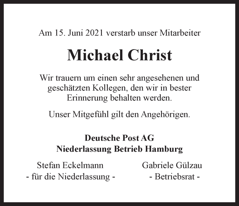  Traueranzeige für Michael Christ vom 23.06.2021 aus LZ