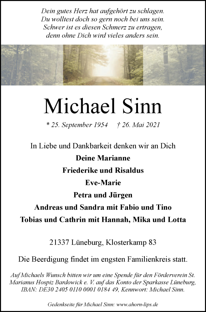  Traueranzeige für Michael Sinn vom 02.06.2021 aus LZ