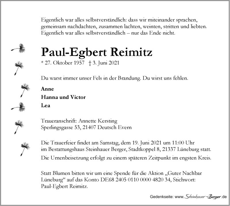 Traueranzeige für Paul-Egbert Reimitz vom 12.06.2021 aus LZ