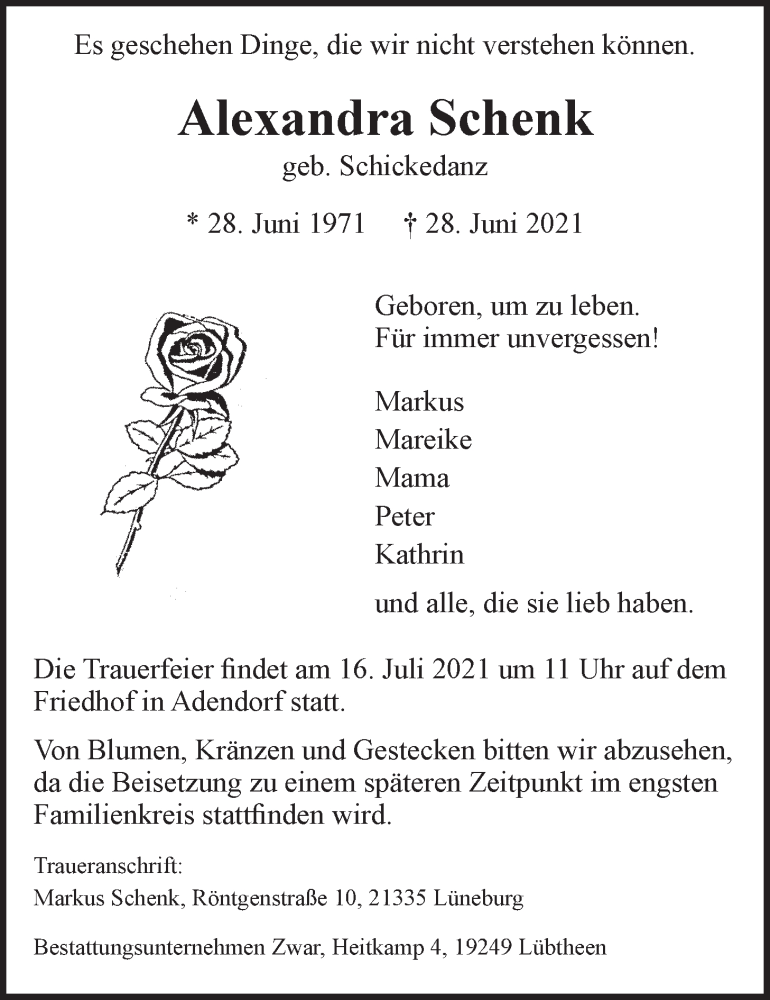  Traueranzeige für Alexandra Schenk vom 10.07.2021 aus LZ