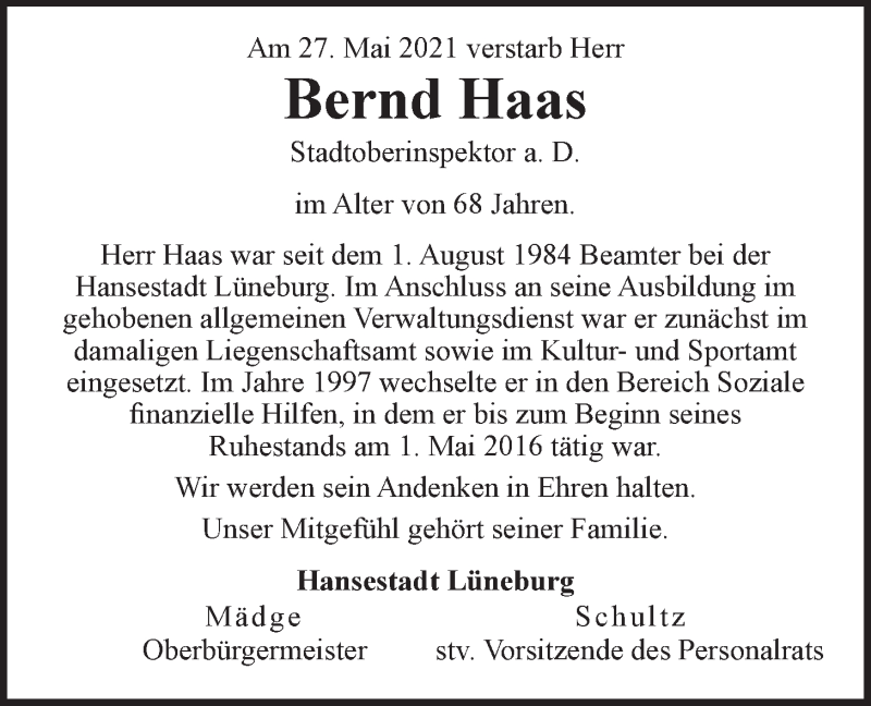  Traueranzeige für Bernd Haas vom 01.07.2021 aus LZ