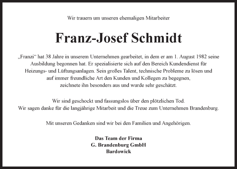  Traueranzeige für Franz Josef Schmidt vom 12.07.2021 aus LZ