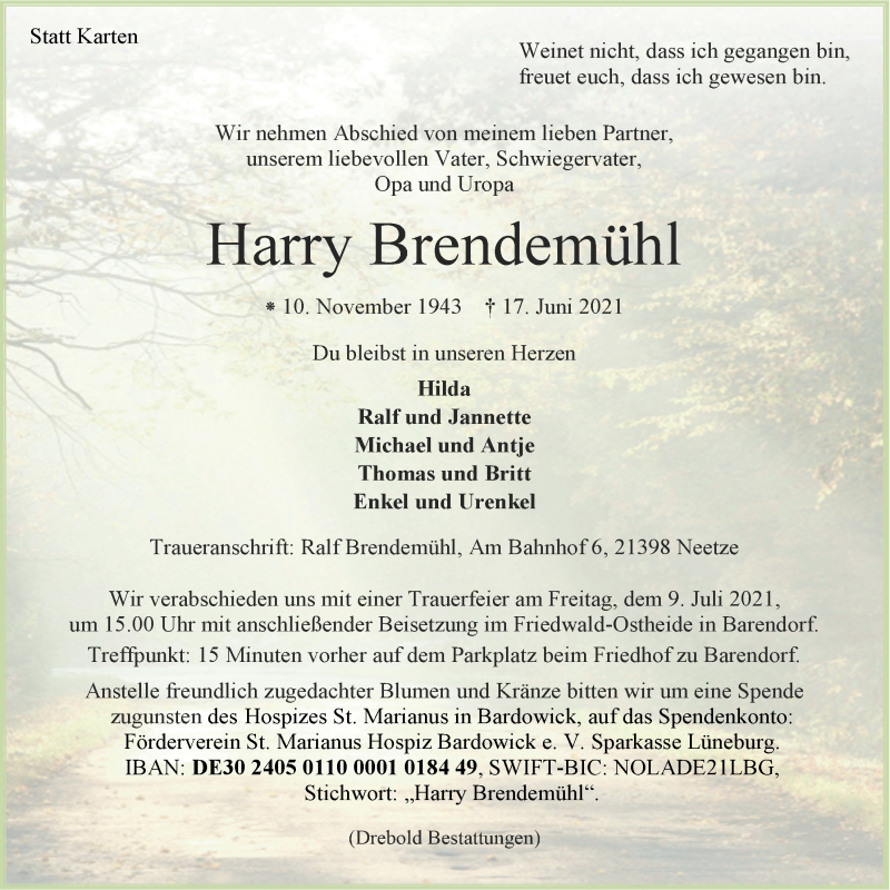  Traueranzeige für Harry Brendemühl vom 03.07.2021 aus LZ