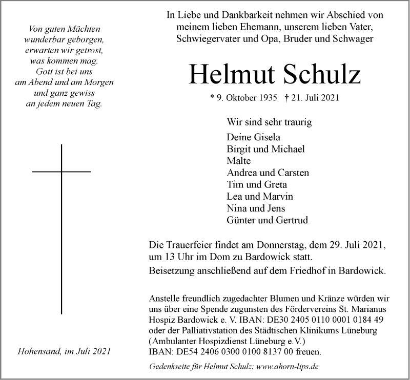  Traueranzeige für Helmut Schulz vom 24.07.2021 aus LZ