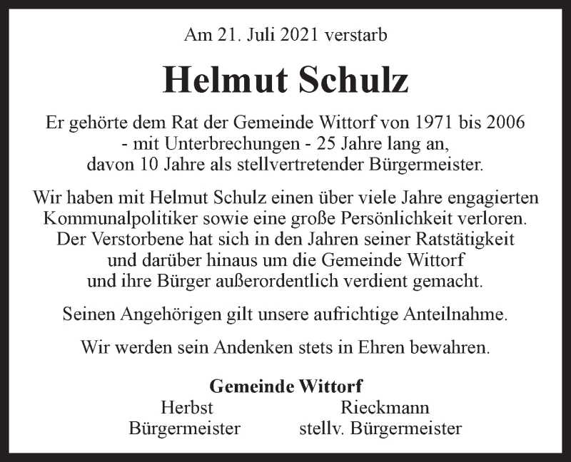  Traueranzeige für Helmut Schulz vom 24.07.2021 aus LZ