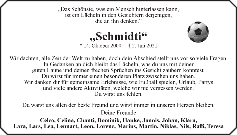  Traueranzeige für Jonas Schmidt vom 12.07.2021 aus LZ