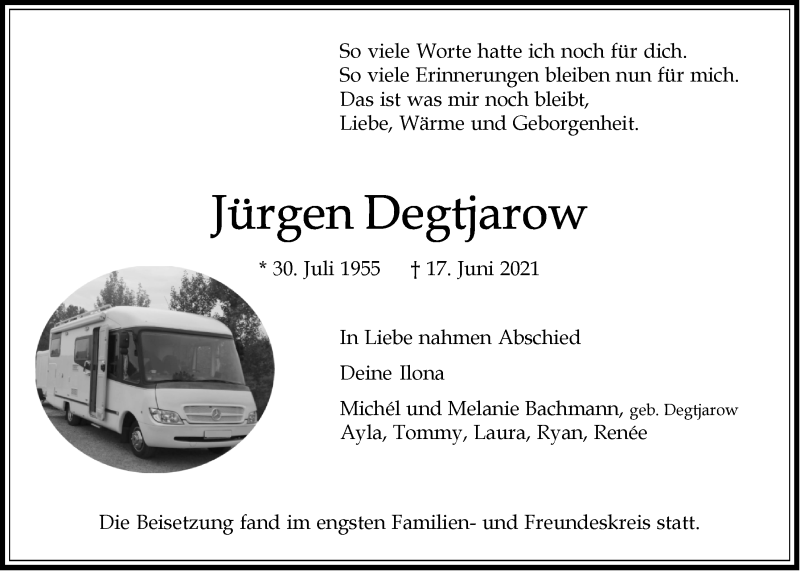  Traueranzeige für Jürgen Degtjarow vom 24.07.2021 aus LZ