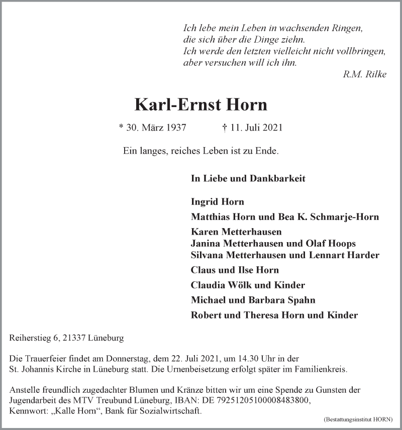  Traueranzeige für Karl-Ernst Horn vom 17.07.2021 aus LZ