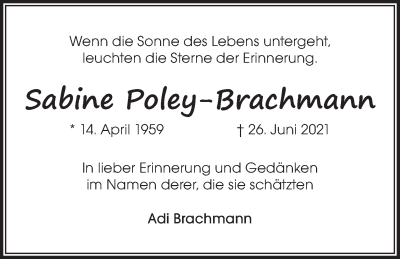  Traueranzeige für Sabine Poley-Brachann vom 03.07.2021 aus LZ