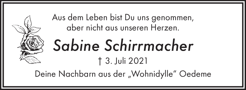  Traueranzeige für Sabine Schirrmacher vom 10.07.2021 aus LZ