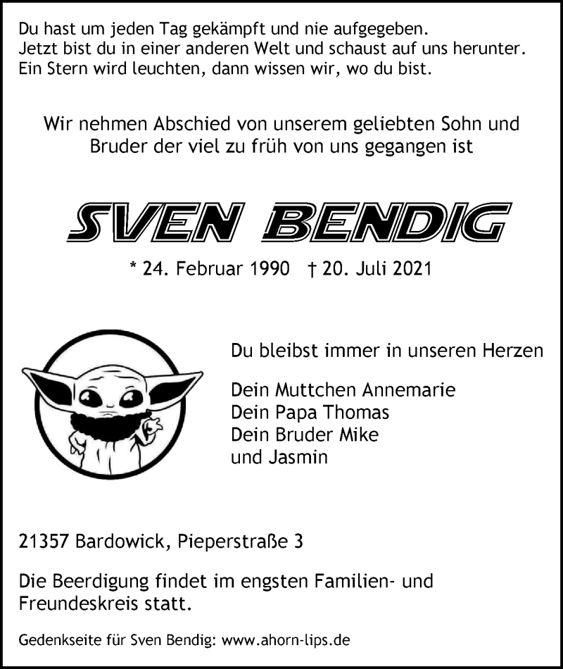  Traueranzeige für Sven Bendig vom 24.07.2021 aus LZ