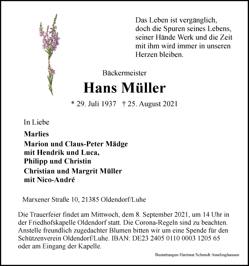  Traueranzeige für Hans Müller vom 28.08.2021 aus LZ