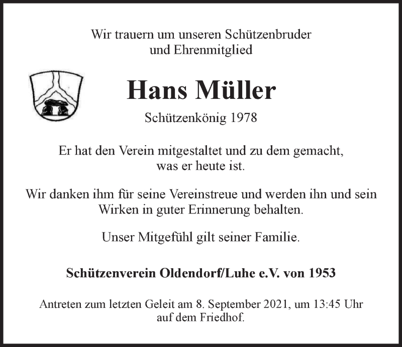  Traueranzeige für Hans Müller vom 28.08.2021 aus LZ