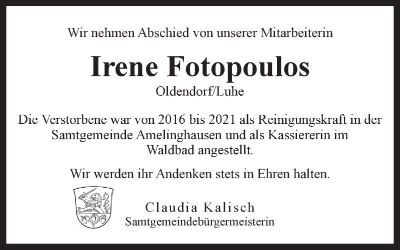  Traueranzeige für Irene Fotopoulos vom 10.08.2021 aus LZ