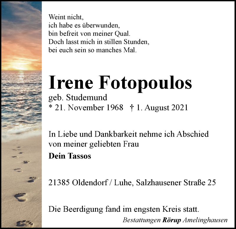  Traueranzeige für Irene Fotopoulos vom 10.08.2021 aus LZ