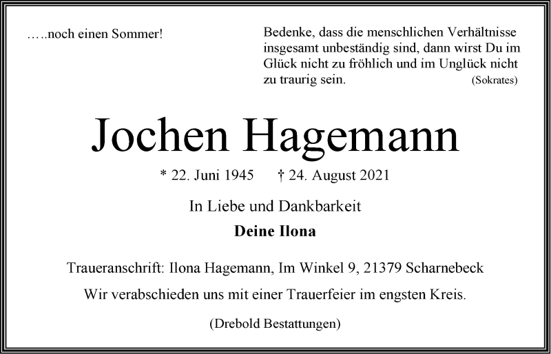  Traueranzeige für Jochen Hagemann vom 28.08.2021 aus LZ