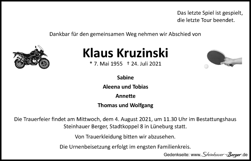  Traueranzeige für Klaus Kruzinski vom 31.07.2021 aus LZ