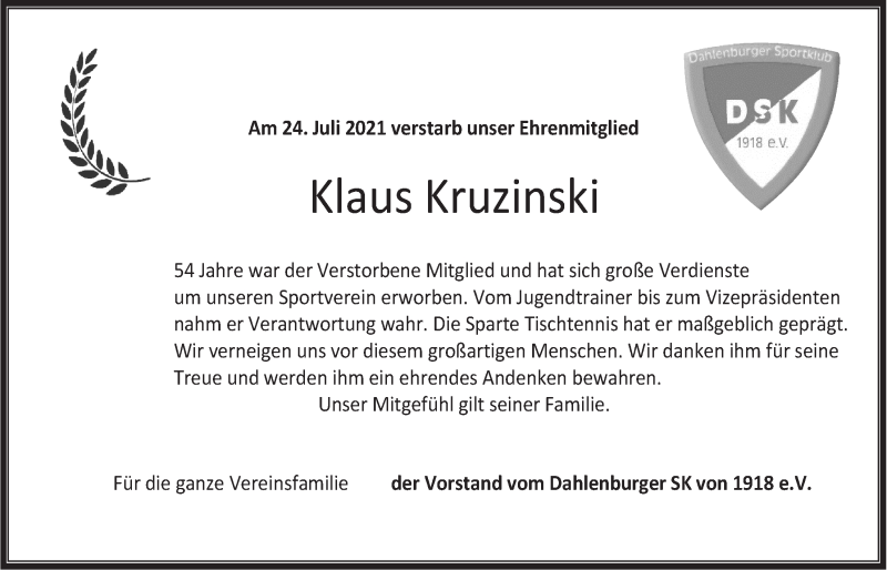  Traueranzeige für Klaus Kruzinski vom 31.07.2021 aus LZ
