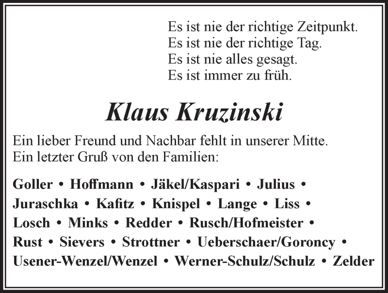  Traueranzeige für Klaus Kruzinski vom 03.08.2021 aus LZ