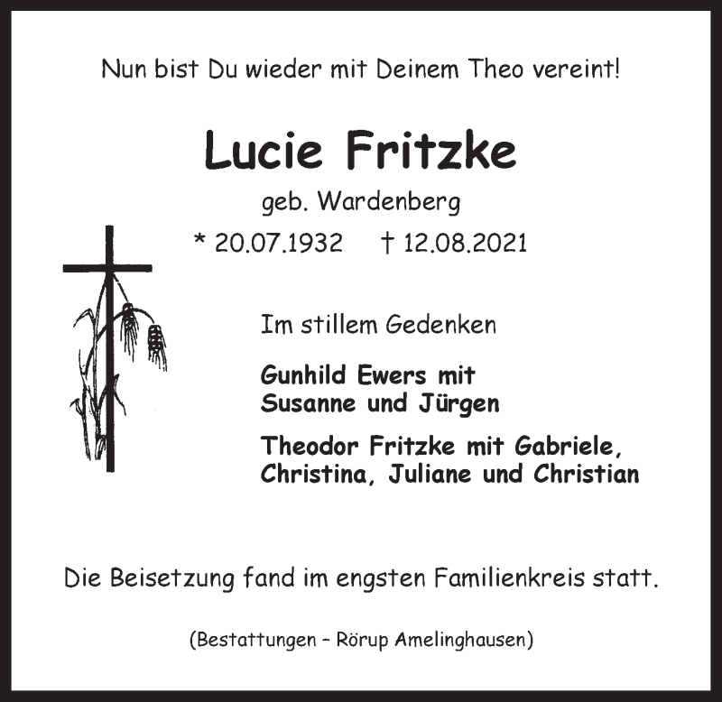  Traueranzeige für Lucie Fritzke vom 28.08.2021 aus LZ