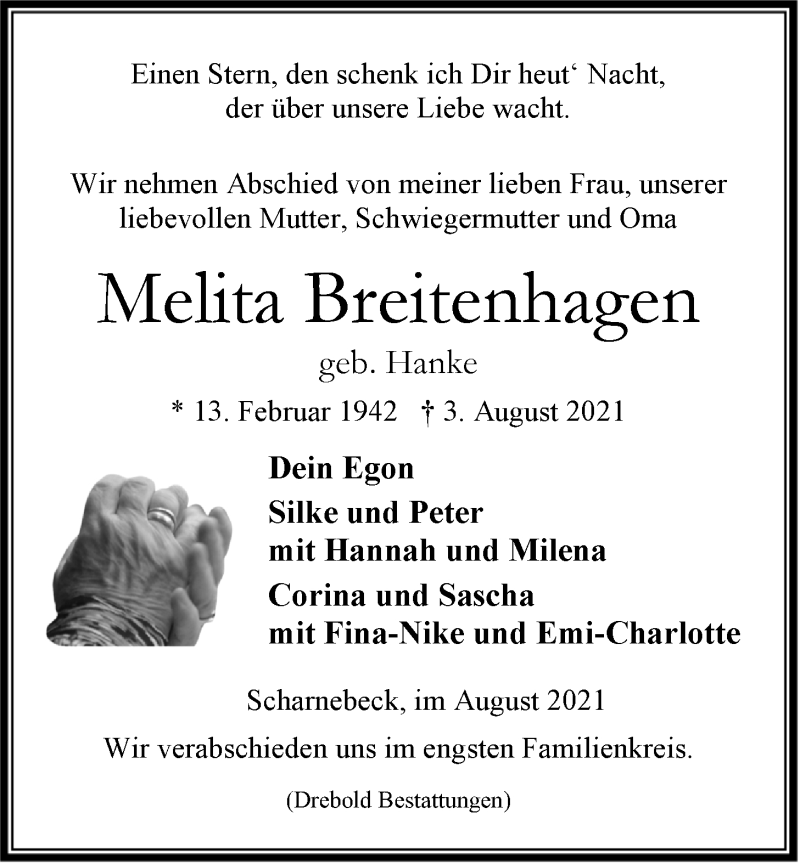  Traueranzeige für Melita Breitenhagen vom 07.08.2021 aus LZ