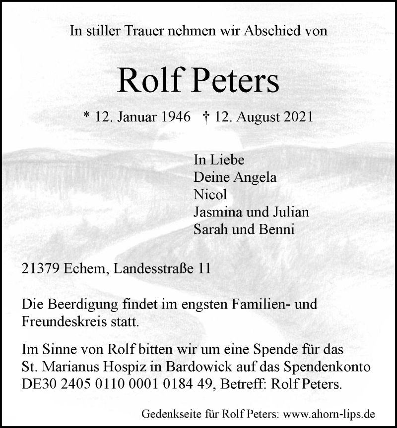  Traueranzeige für Rolf Peters vom 14.08.2021 aus LZ