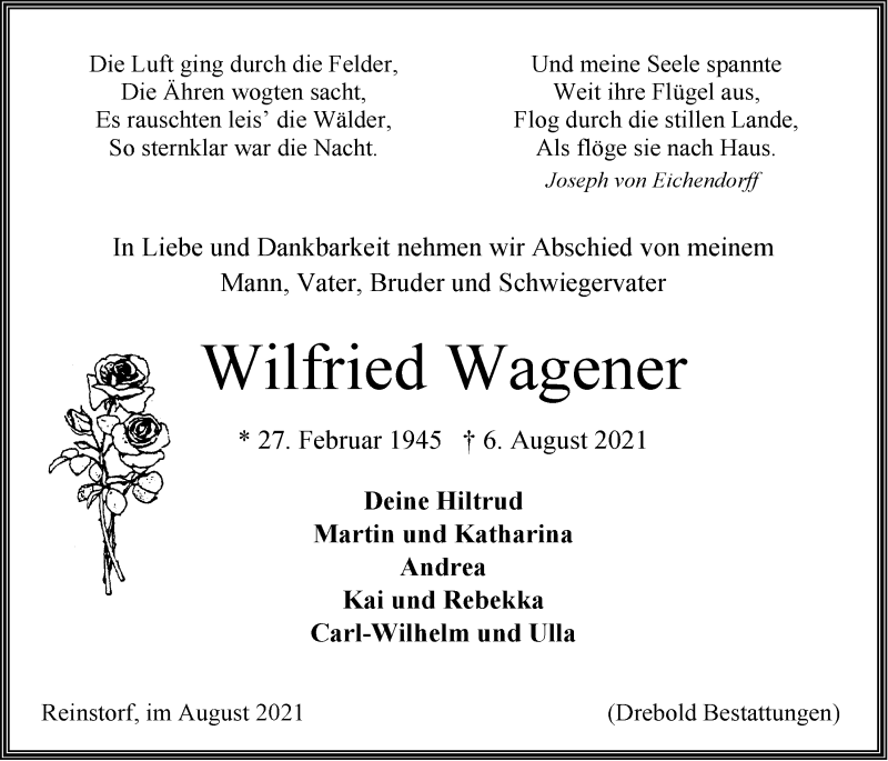  Traueranzeige für Wilfried Wagener vom 14.08.2021 aus LZ