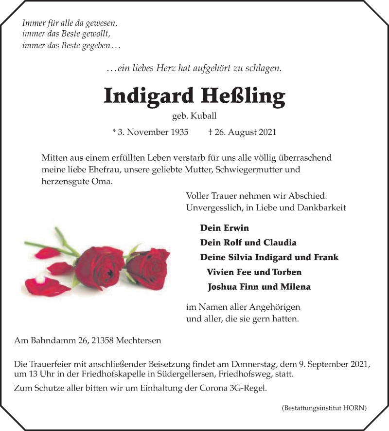  Traueranzeige für Indigard Heßling vom 04.09.2021 aus LZ