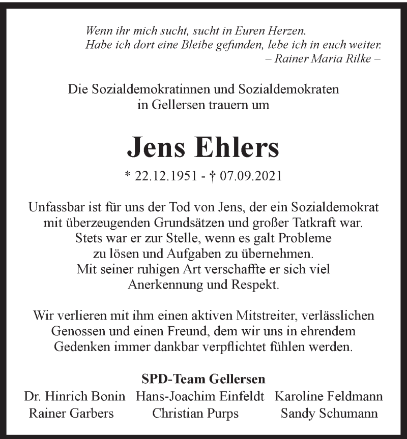  Traueranzeige für Jens Ehlers vom 15.09.2021 aus LZ