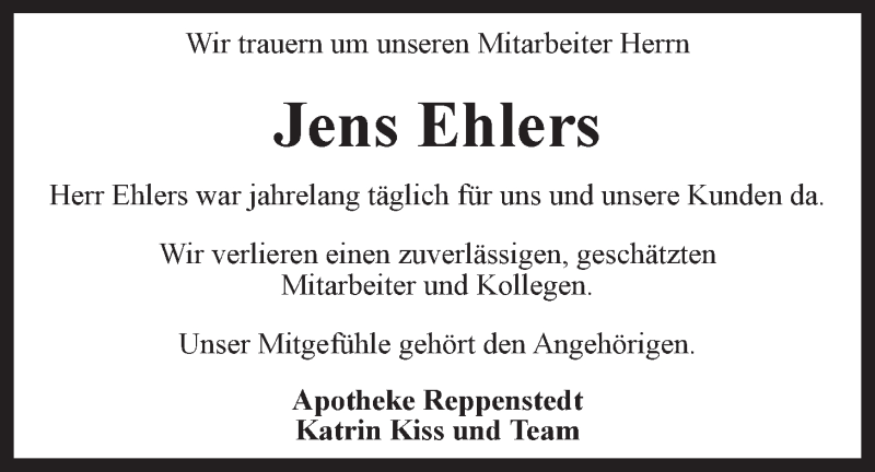  Traueranzeige für Jens Ehlers vom 15.09.2021 aus LZ