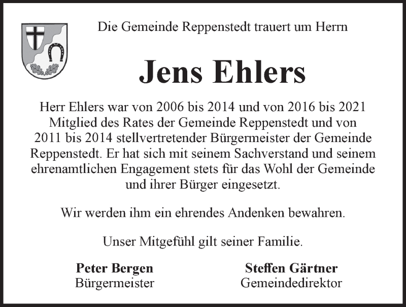  Traueranzeige für Jens Ehlers vom 15.09.2021 aus LZ