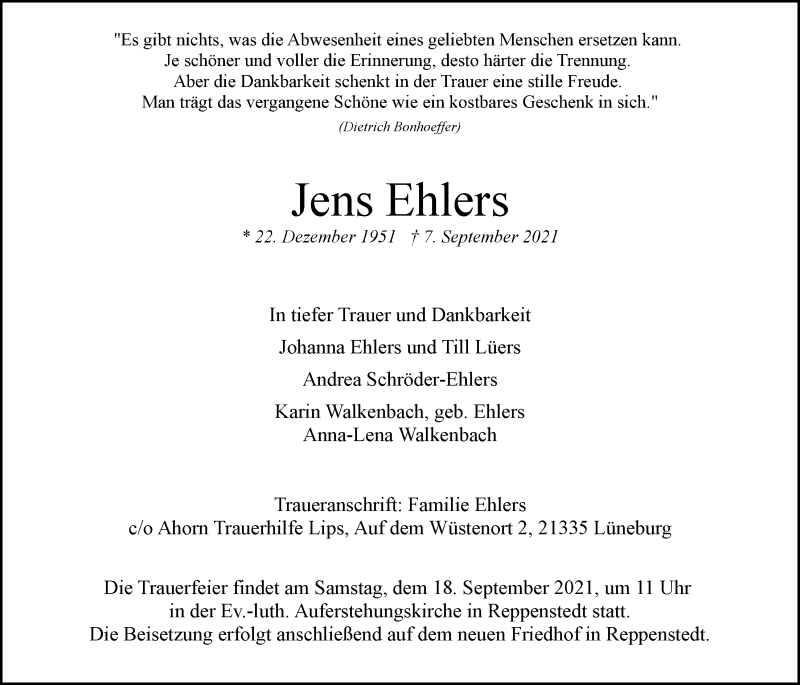  Traueranzeige für Jens Ehlers vom 15.09.2021 aus LZ