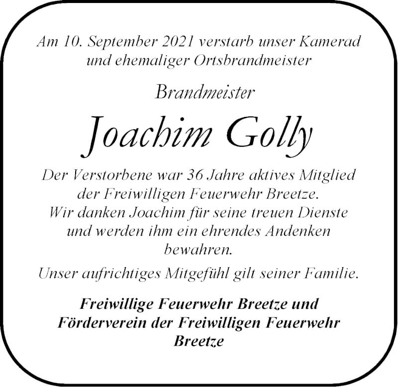 Traueranzeige für Joachim Golly vom 18.09.2021 aus LZ
