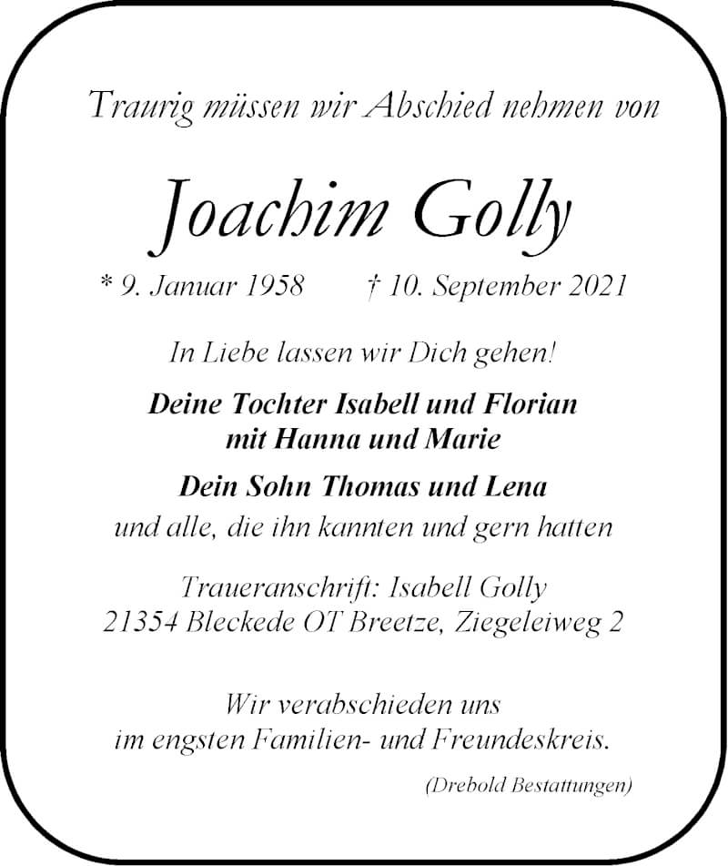  Traueranzeige für Joachim Golly vom 18.09.2021 aus LZ