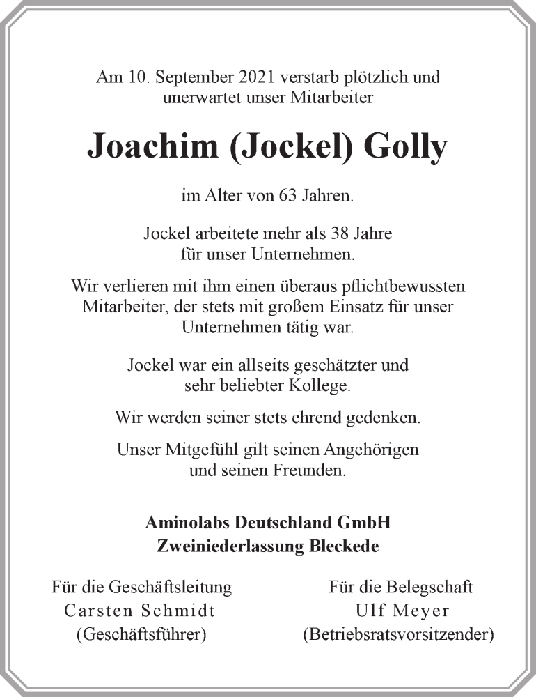  Traueranzeige für Joachim Golly vom 25.09.2021 aus LZ