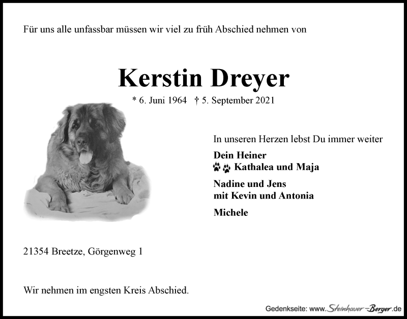  Traueranzeige für Kerstin Dreyer vom 11.09.2021 aus LZ
