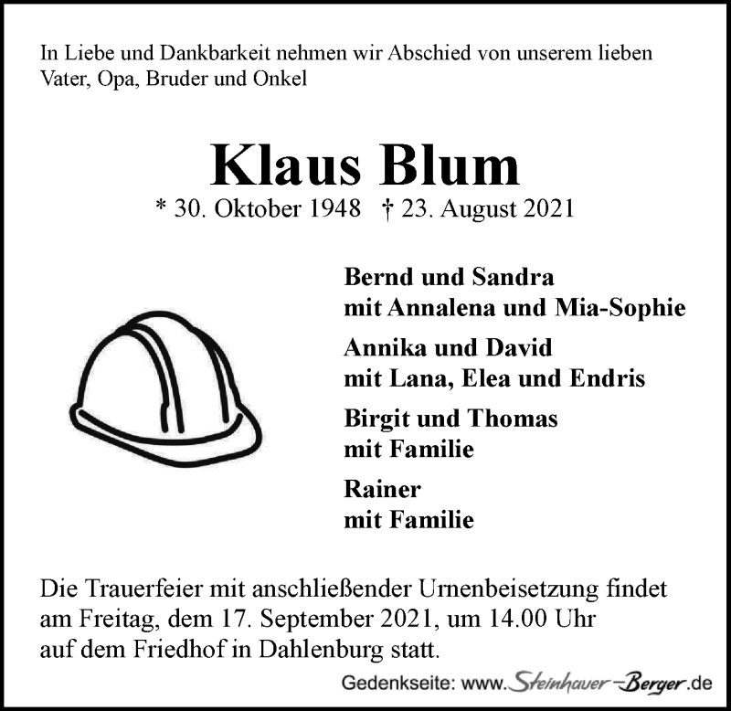  Traueranzeige für Klaus Blum vom 04.09.2021 aus LZ
