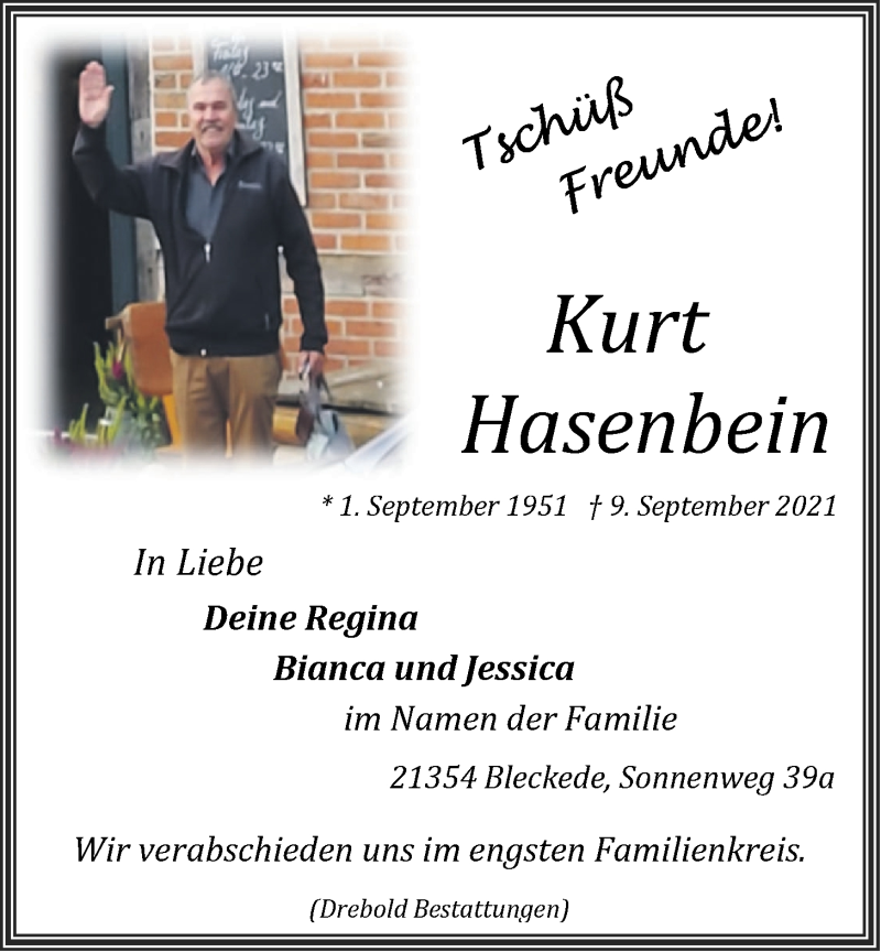  Traueranzeige für Kurt Hasenbein vom 13.09.2021 aus LZ