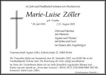 Anzeige von Marie-Luise Zöller von LZ