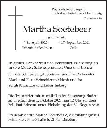 Anzeige von Martha Soetebeer von LZ