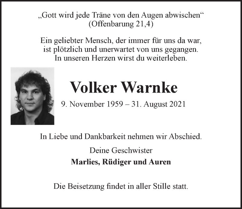  Traueranzeige für Volker Warnke vom 11.09.2021 aus LZ