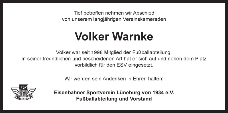  Traueranzeige für Volker Warnke vom 11.09.2021 aus LZ