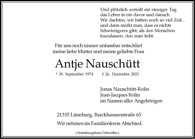  Traueranzeige für Antje Nauschütt vom 31.12.2021 aus LZ