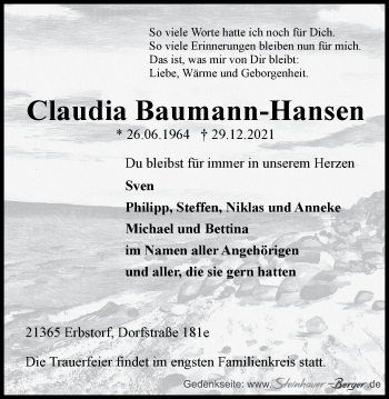 Anzeige von Claudia Baumann-Hansen von LZ