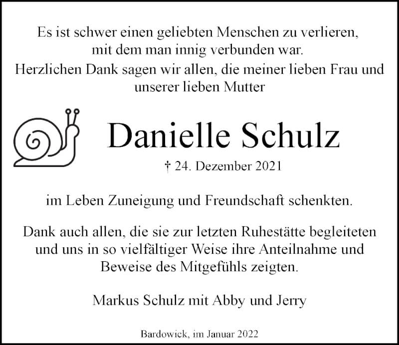  Traueranzeige für Danielle Schulz vom 22.01.2022 aus LZ
