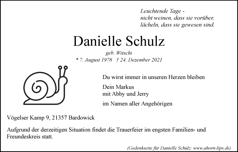  Traueranzeige für Danielle Schulz vom 31.12.2021 aus LZ