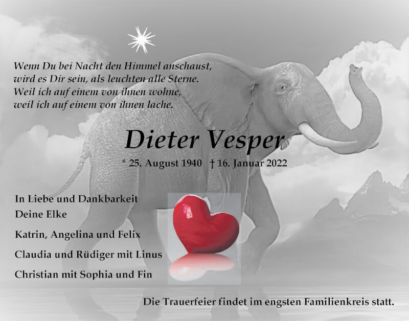  Traueranzeige für Dieter Vesper vom 22.01.2022 aus LZ