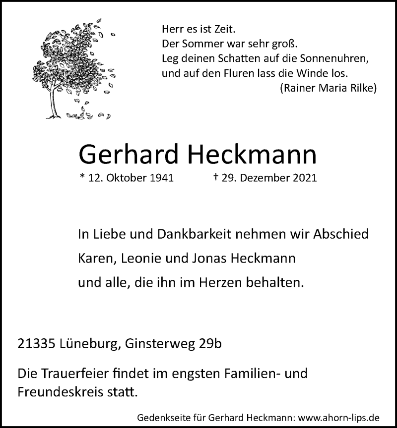  Traueranzeige für Gerhard Heckmann vom 08.01.2022 aus LZ