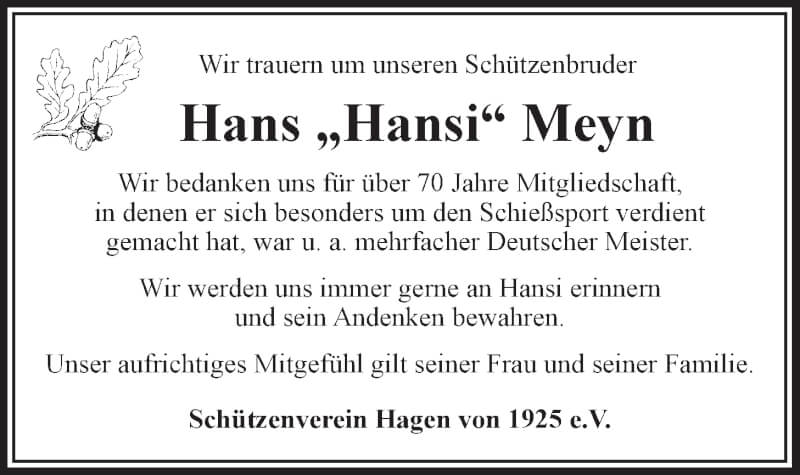  Traueranzeige für Hans Meyn vom 22.01.2022 aus LZ