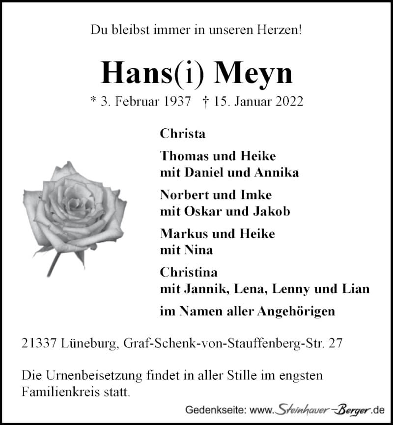  Traueranzeige für Hans Meyn vom 22.01.2022 aus LZ